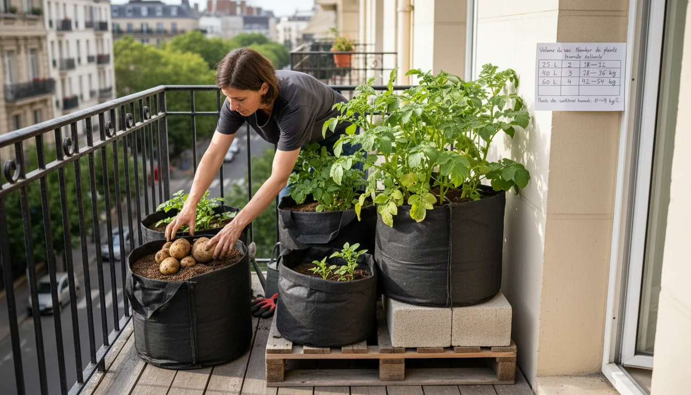 Pommes de terre en sac: grosse récolte sur petit balcon - decor