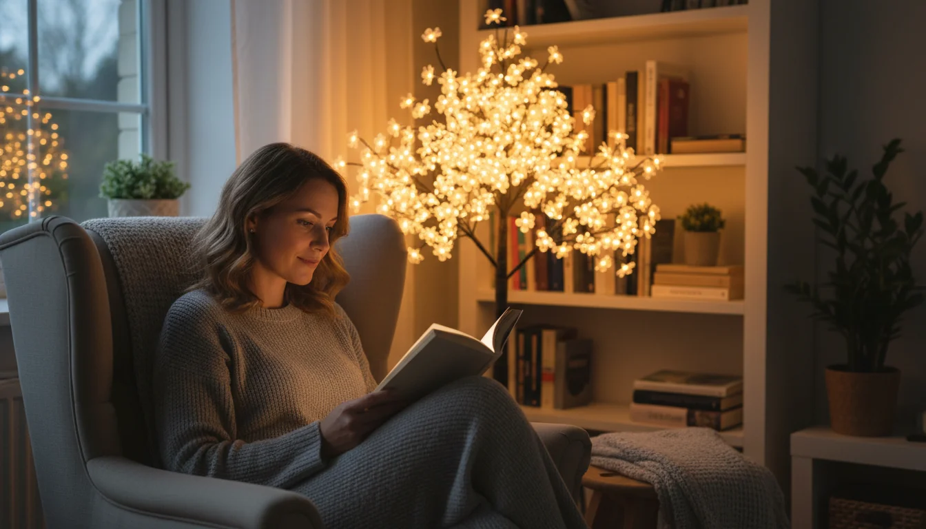 Coins lecture cosy: mise en scène avec arbre lumineux - lifestyle