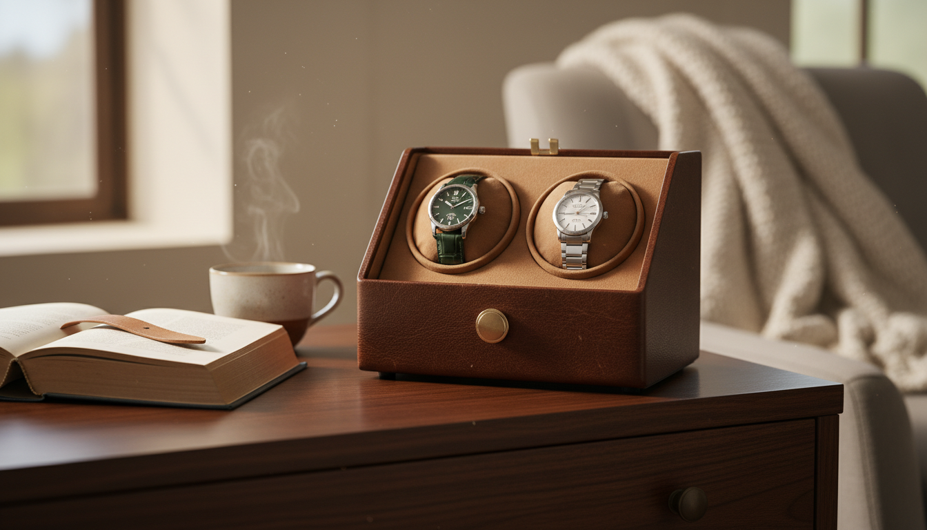 Remontoir en cuir noir, élégamment posé sur une table en bois, prêt à accueillir votre montre.