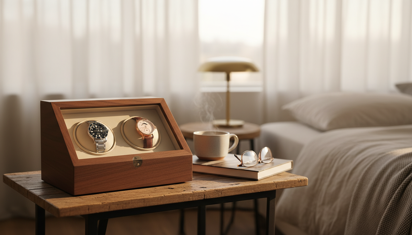 Un élégante vitrine en bois noir révèle un remontoir en cuir brun, prêt à préserver vos montres.