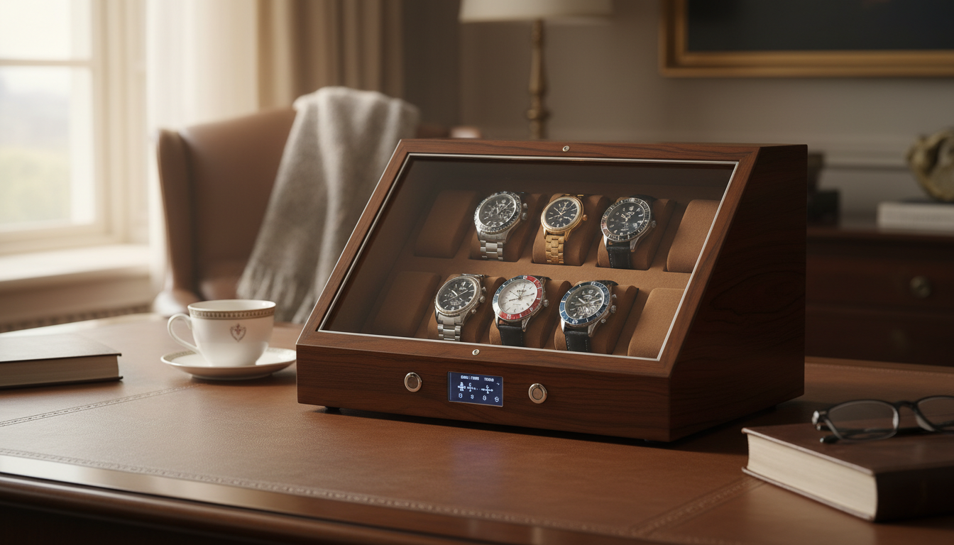 Un remontoir élégant en bois noir, exposé sur une table en marbre, illuminé par la lumière naturelle.