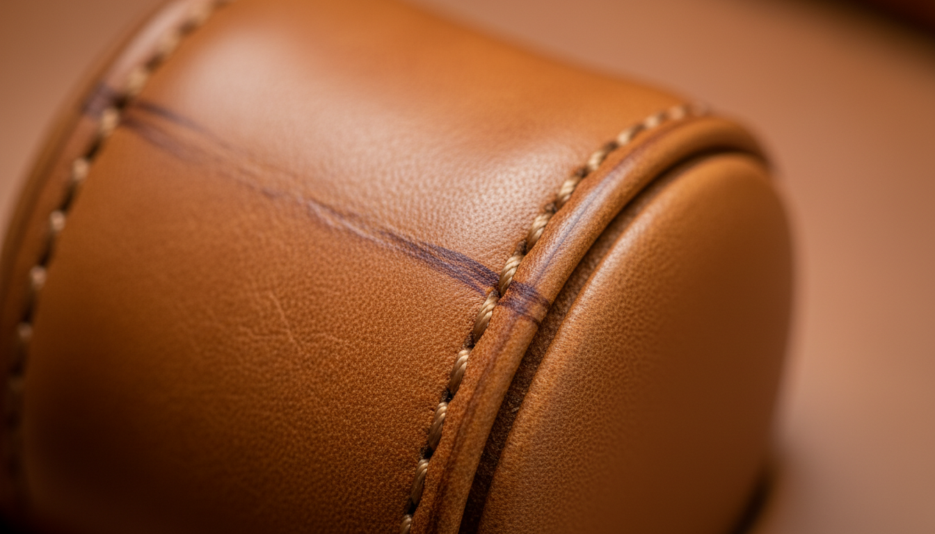 Gros plan sur la texture grainée du cuir, révélant des nuances de brun et des coutures raffinées.