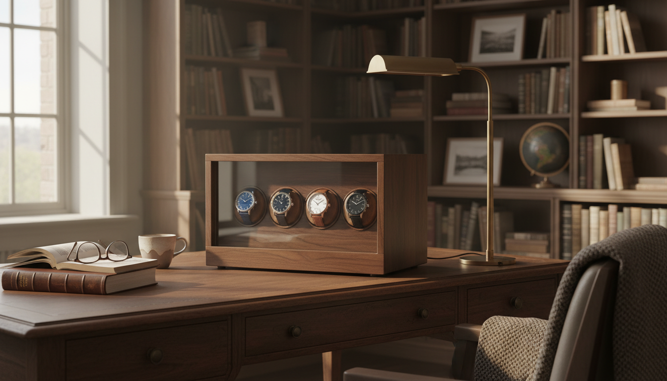Remontoir en noyer disposé élégamment sur une table, illuminé par la lumière du matin.