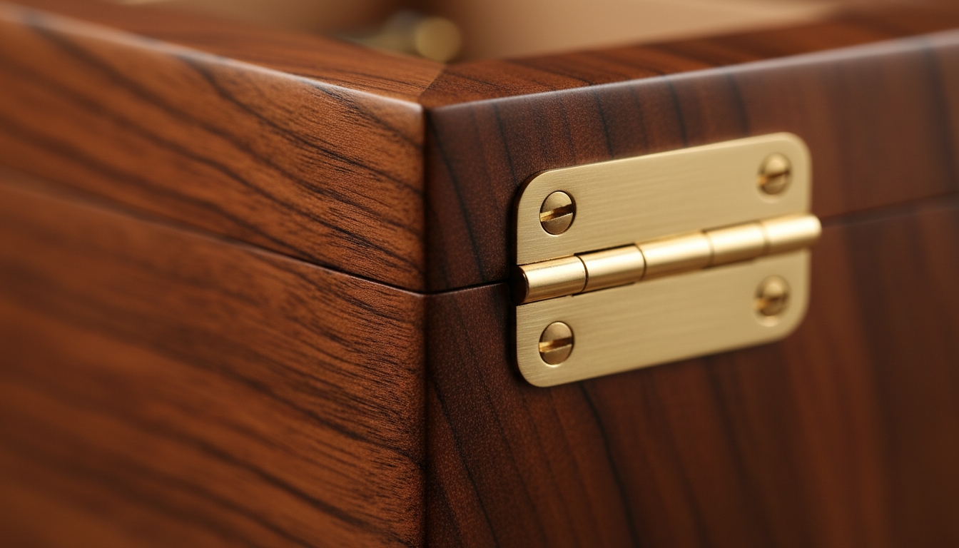 Gros plan sur la texture lisse du bois et le mécanisme enrouleur subtil en acier.