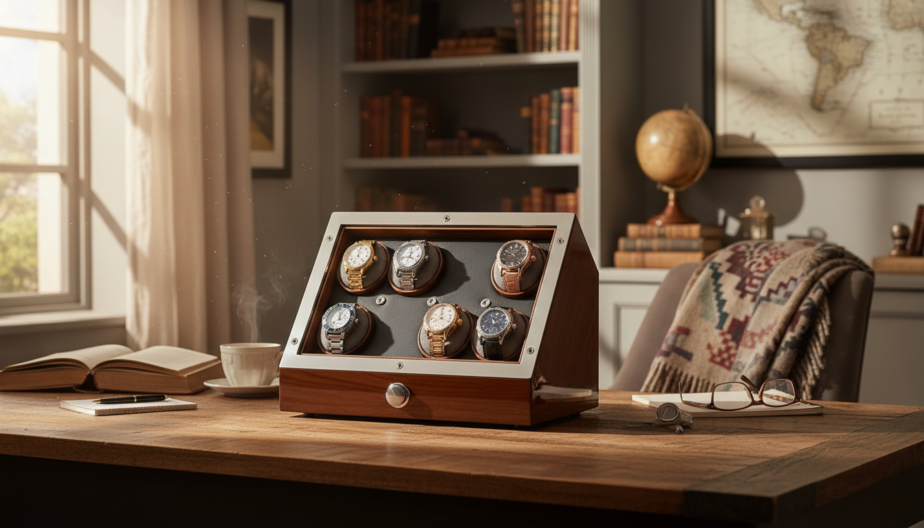 Quatre montres automatiques élégamment alignées sur un remontoir en bois sombre, créant une atmosphère de sophistication.