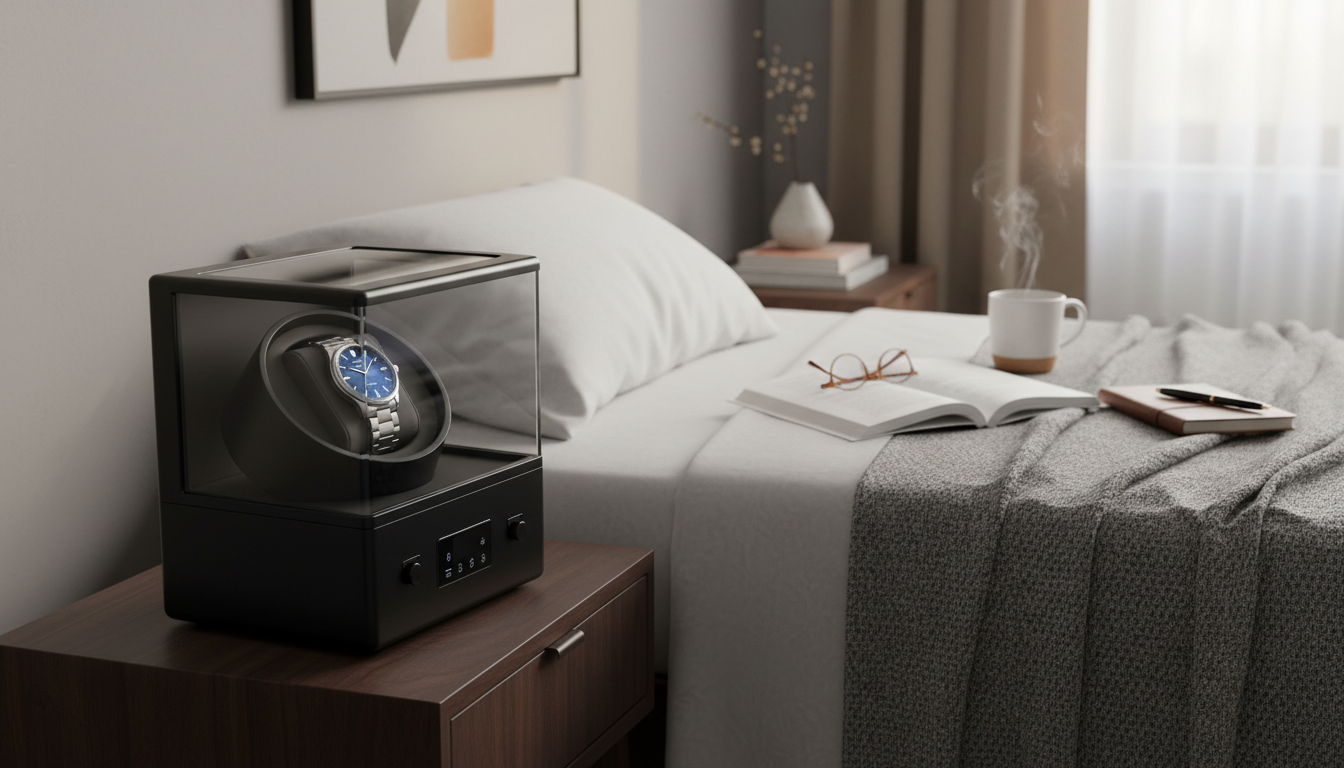 Remontoir en bois noir, élégant sur une table en marbre, illuminé par la lumière du matin.