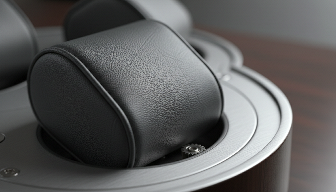 Gros plan sur la finition cuir du remontoir, révélant ses coutures délicates et sa couleur brun foncé.