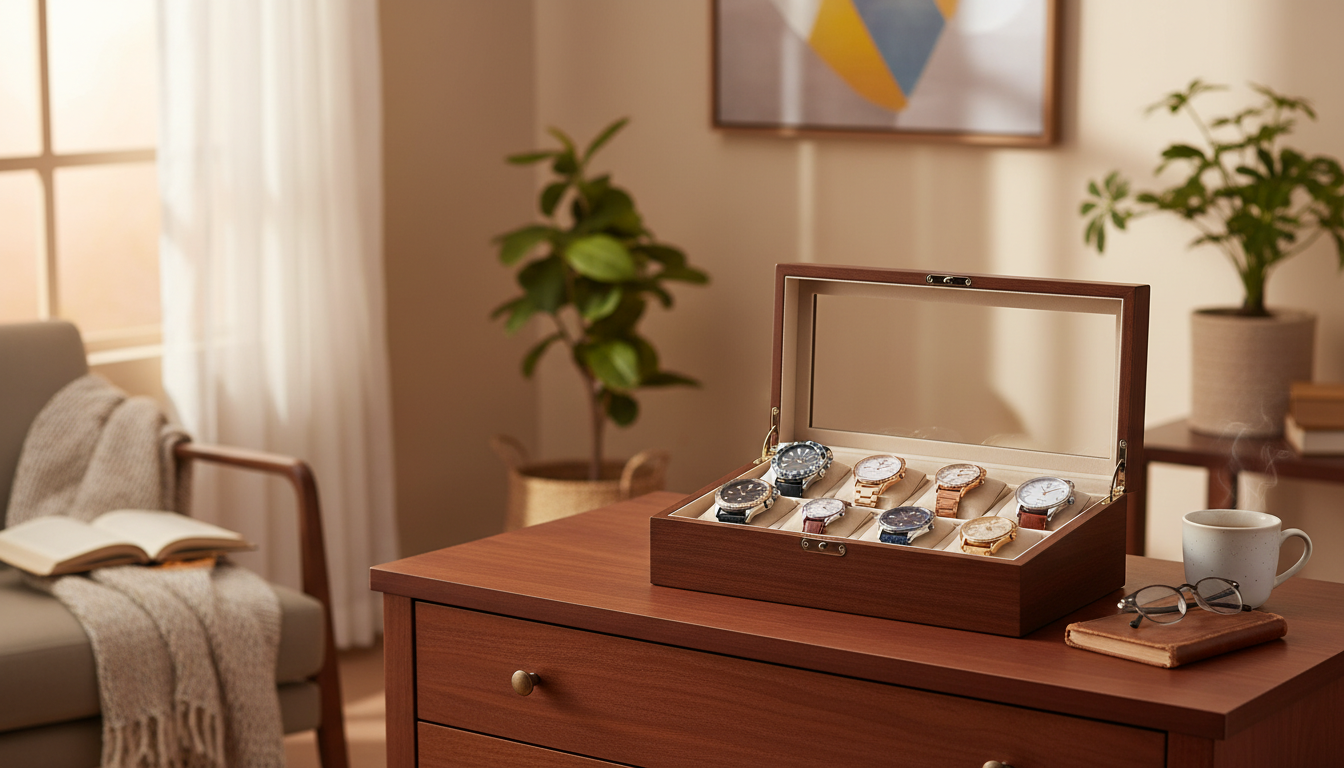 Élégant coffret en cuir noir, exposé sur une table en bois clair avec six montres.