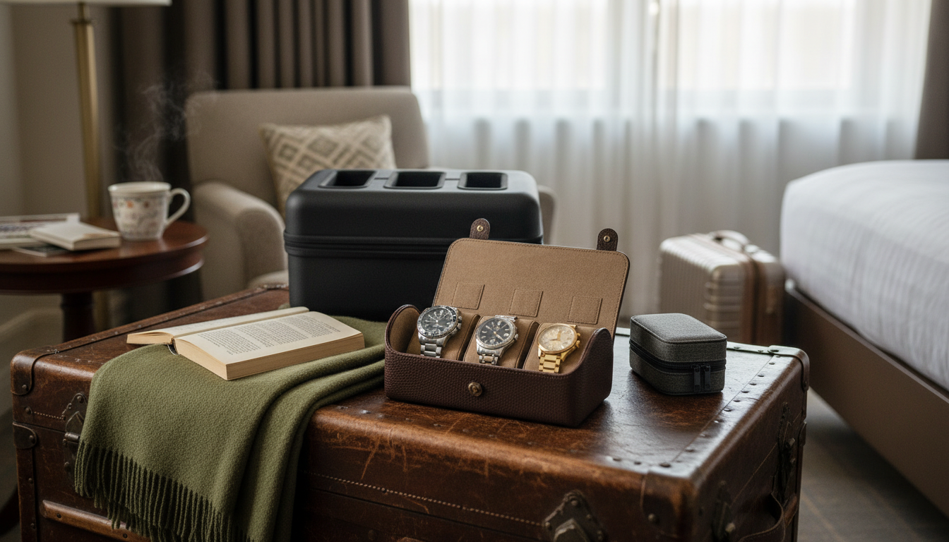 Étui à montres en cuir noir, élégant sur une table en bois, prêt pour le voyage.