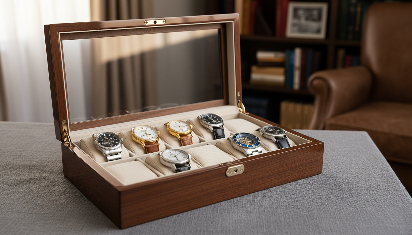 Coffret en bois sombre, entouré de livres et d'une plante verte, ajoutant une touche sophistiquée.