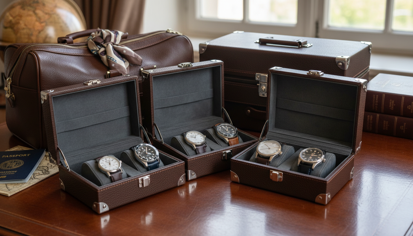 Étui à montres en exposition, éclairé, entouré de lumières tamisées et accessoires raffinés.