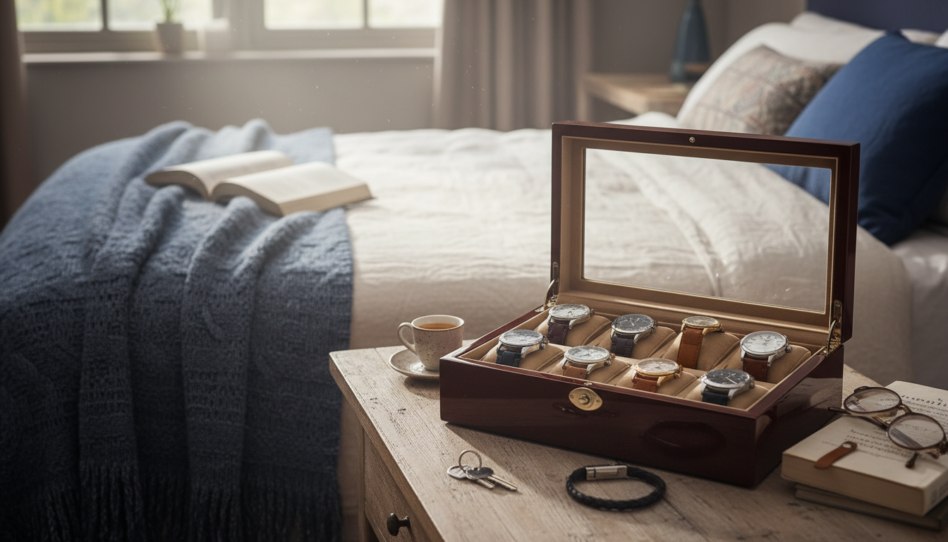 Montres élégamment exposées sur une table de nuit en bois clair, avec un livre ouvert.