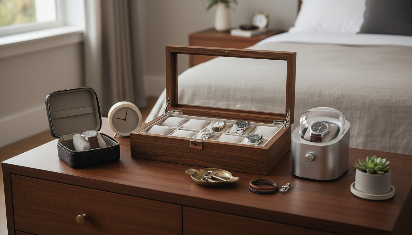 Boîte à montres en cuir cognac, placée sur un plateau en marbre, soulignant son luxe.