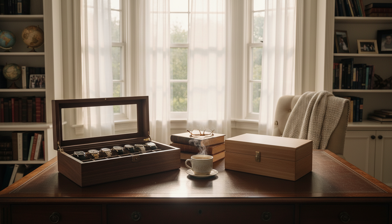Élégante boîte à montres en acajou, illuminée par la lumière douce du matin.