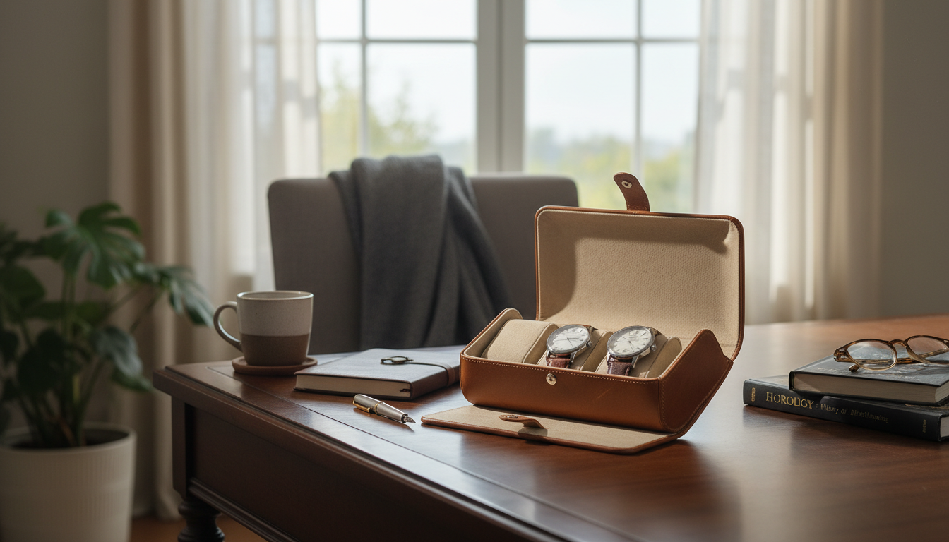 Étui en cuir brun, accompagné d'une montre élégante sur un bureau en bois.