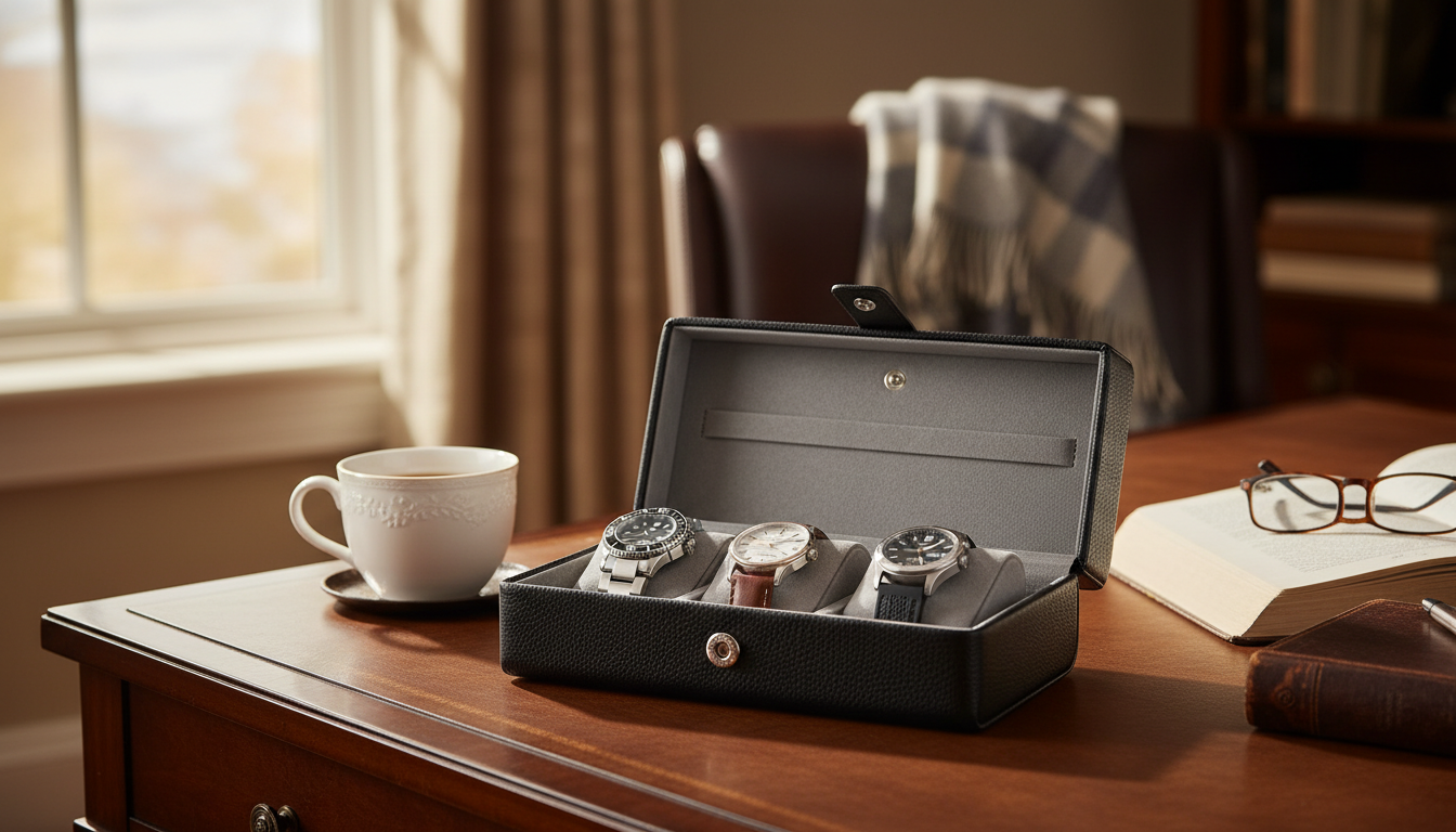 Trois montres élégamment disposées sur un bureau en bois, prêtes pour le quotidien.