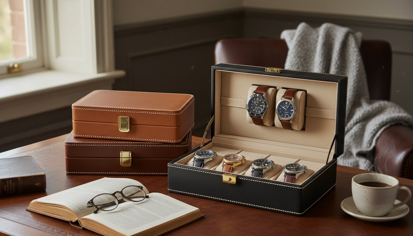 Élégante boîte à montres en cuir noir, accompagnée d'un café sur une table en bois.
