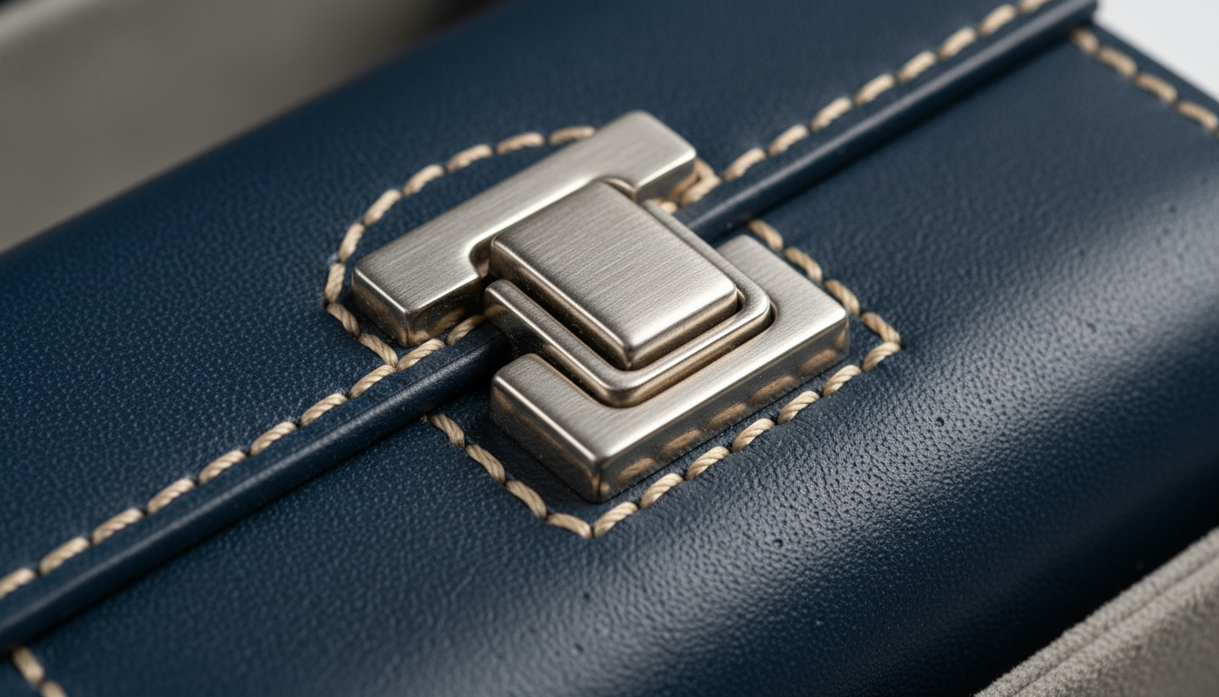 Gros plan sur le cuir noir texturé de l'étui, révélant ses coutures soignées.