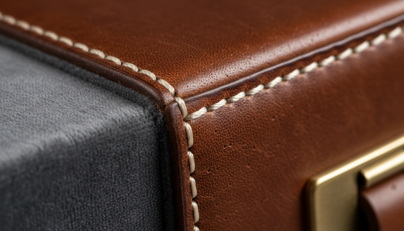Gros plan sur le cuir pleine fleur, révélant une texture luxueuse et des coutures soignées.
