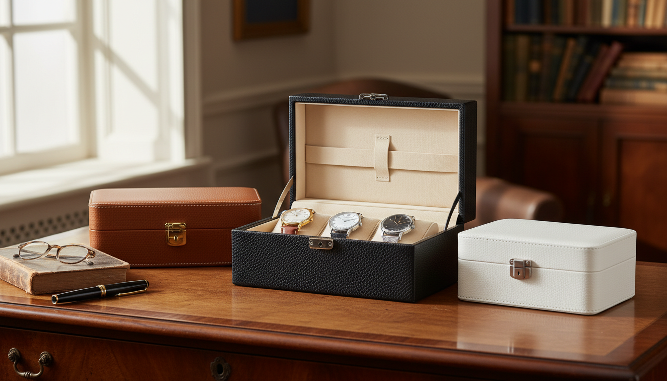 Boîte à montres en cuir cognac posée sur un marbre, soulignant son raffinement intemporel.