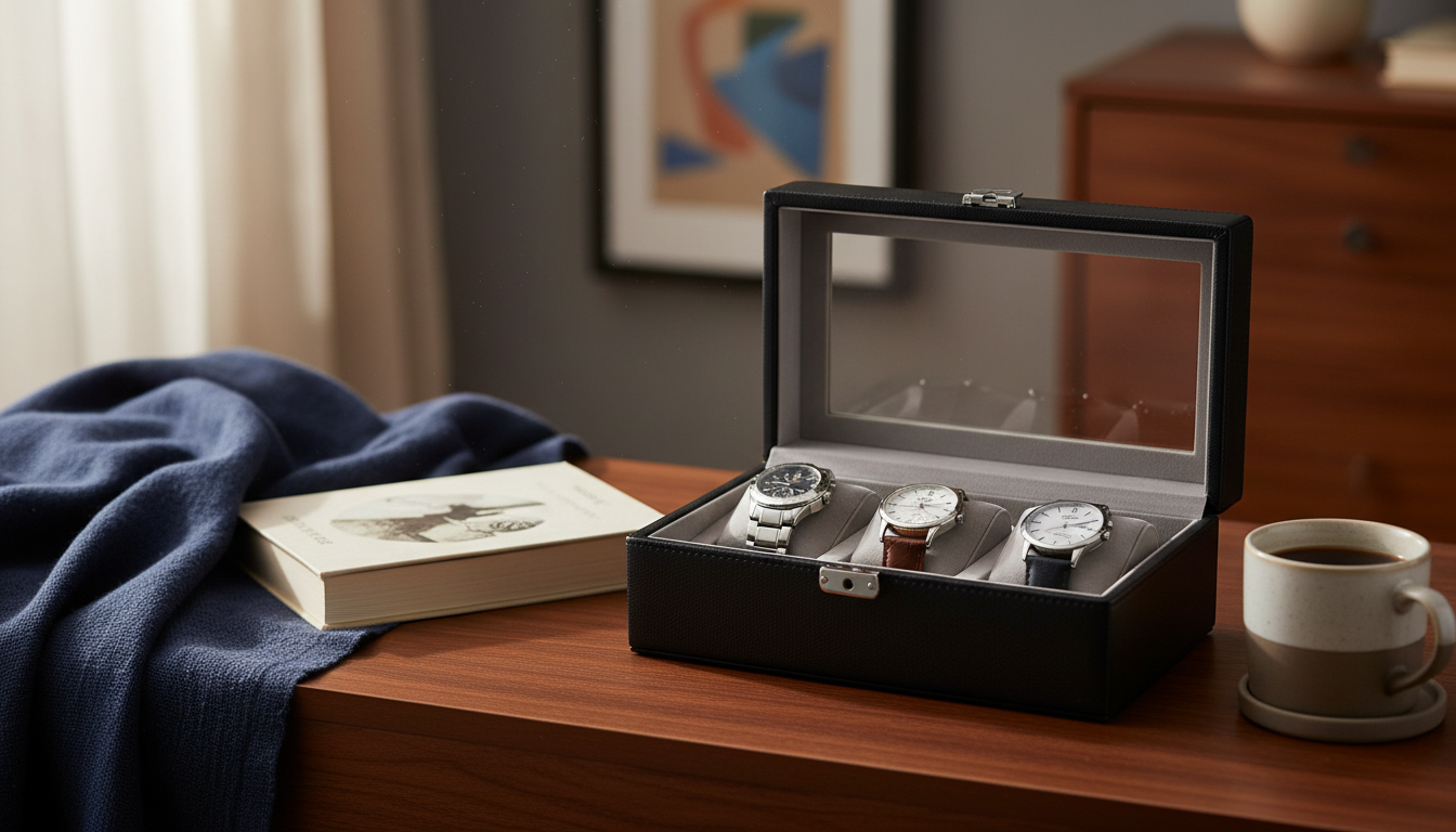 Trois montres élégamment exposées sur un bureau en bois, prêtes pour une journée active.