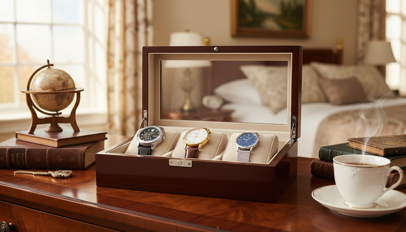 Boîte à montres en cuir noir, mise en scène sur une table en marbre, ajoutant sophistication.