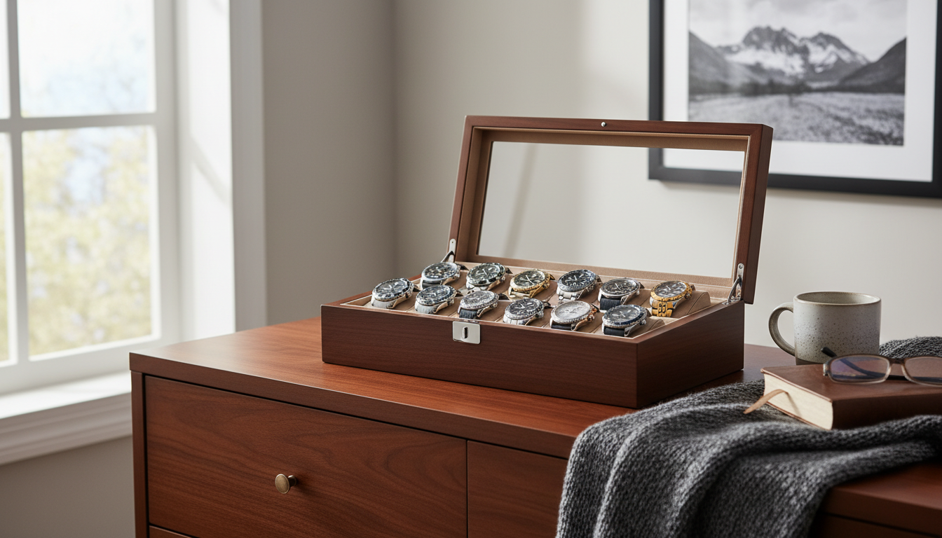 Une élégante boîte à montres en cuir noir, exposée sur une table en bois clair.