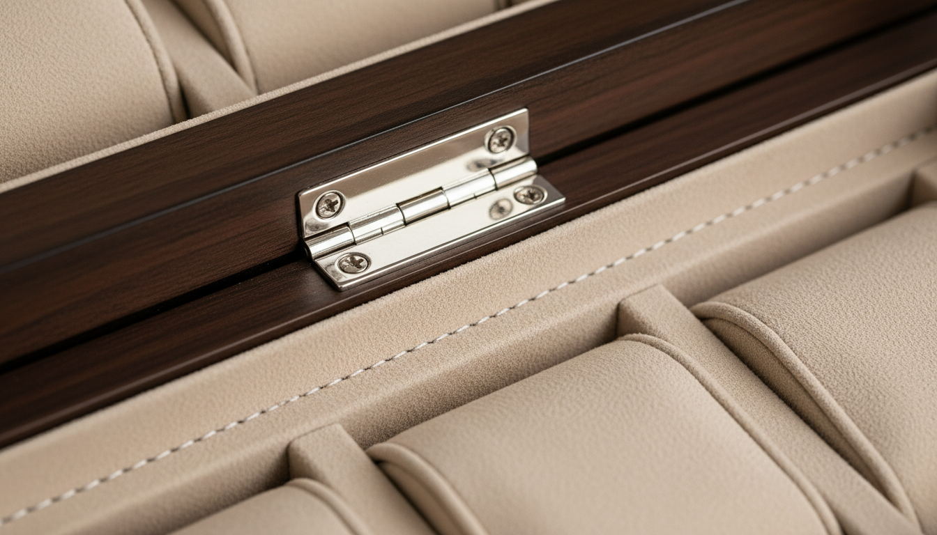 Finition en cuir grainé, intérieur en velours beige, compartiments ajustés de 10 cm.