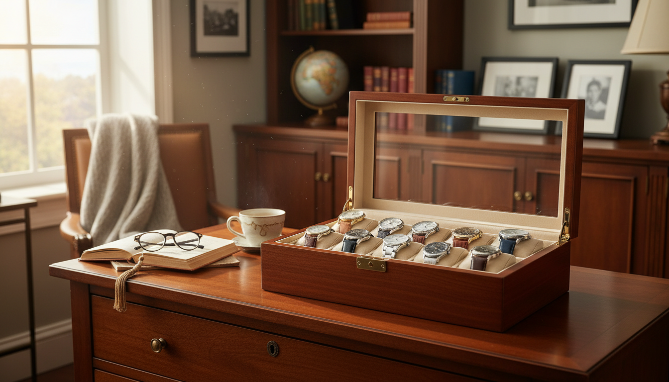 Élégante boîte en bois noir, exposée sur une commode, illuminée par la lumière douce du matin.