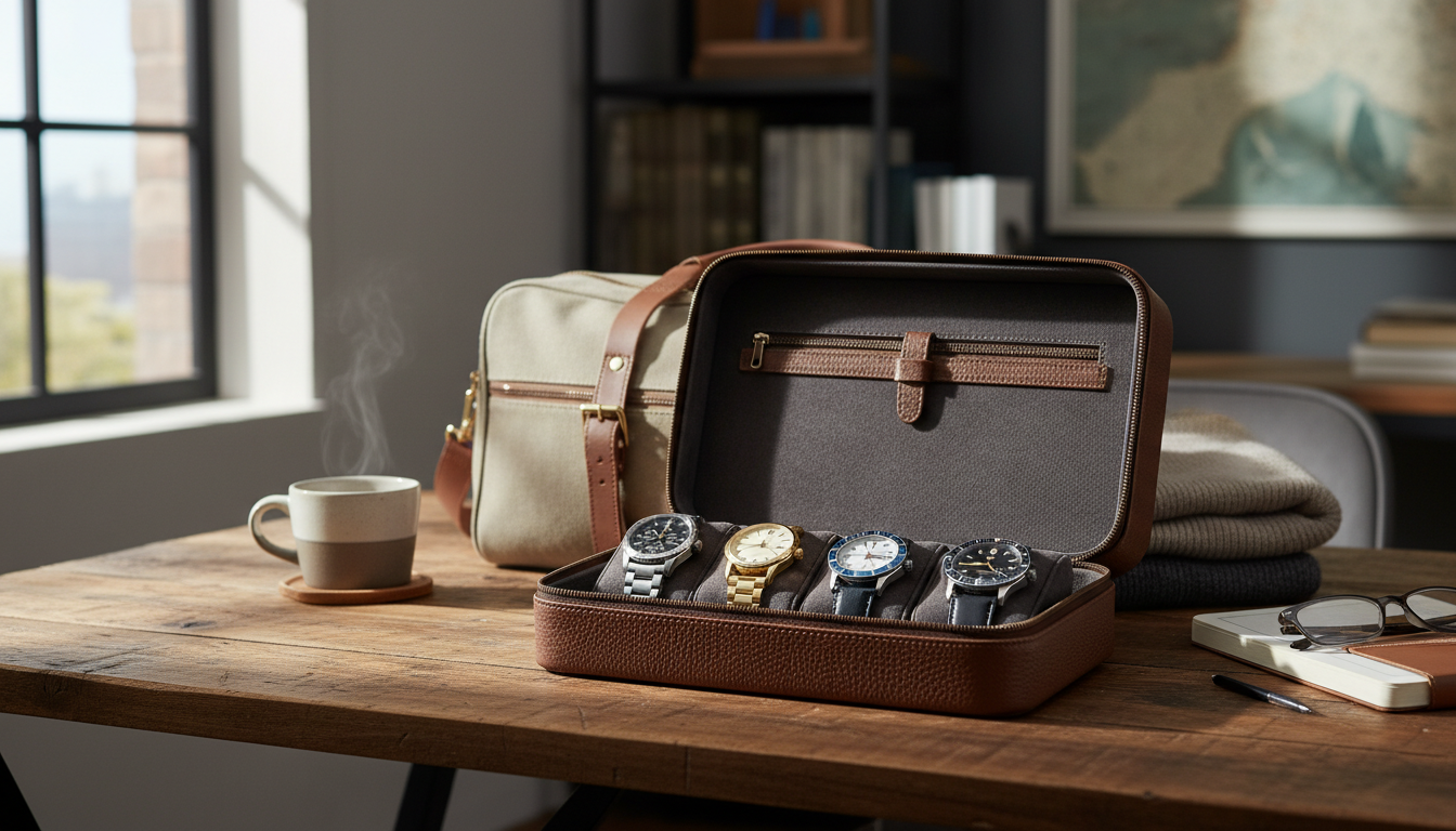 Quatre montres élégamment exposées dans un étui en cuir noir sur une table en bois.