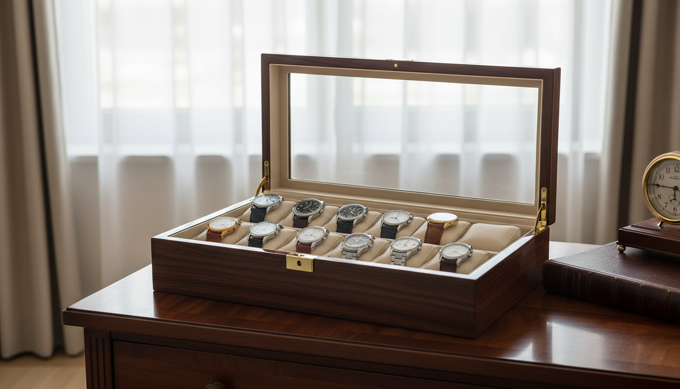 Boîte en cuir marron, ornée de coutures délicates, mise en valeur sur un plateau en marbre.