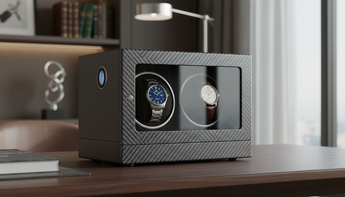 Remontoir élégant sur une étagère en bois, mettant en valeur la finition noir intense et contemporaine.