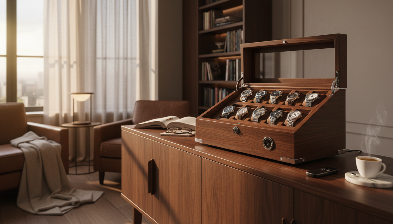 Remontoir élégant en bois noir, intégré sur un bureau moderne, entouré de dix montres raffinées.