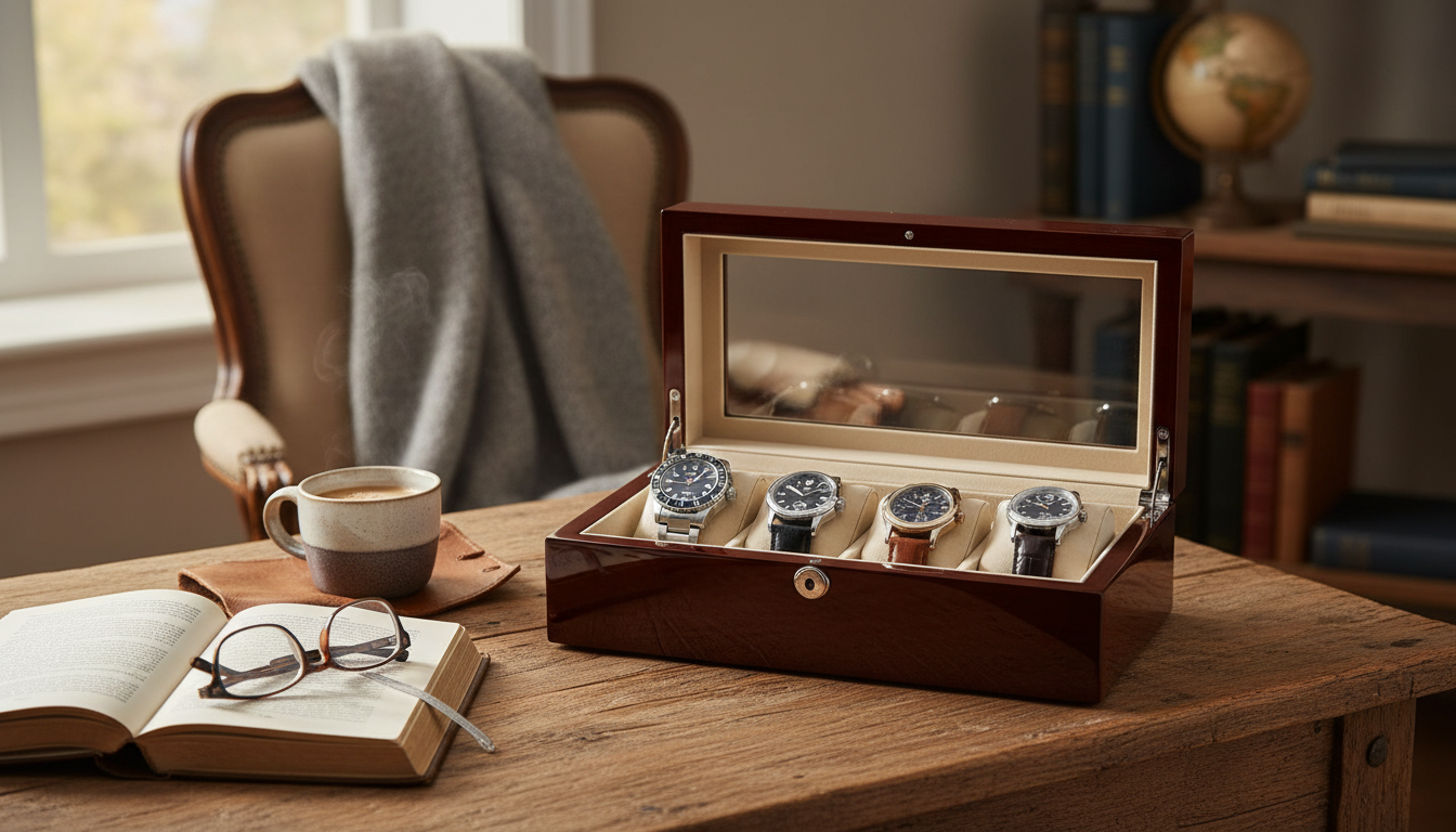 Quatre montres élégamment exposées sur un bureau en bois, prêtes pour une journée active.