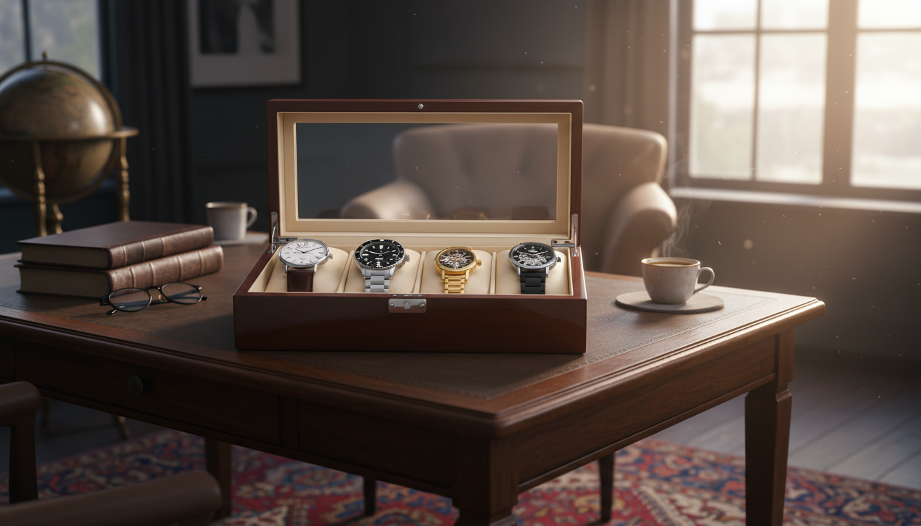 Écrin en bois sombre, délicatement éclairé, mettant en valeur des cadrans brillants et raffinés.