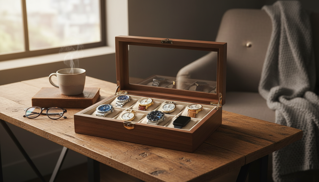 Étui en bois clair posé sur une table en chêne, abritant trois montres élégantes.