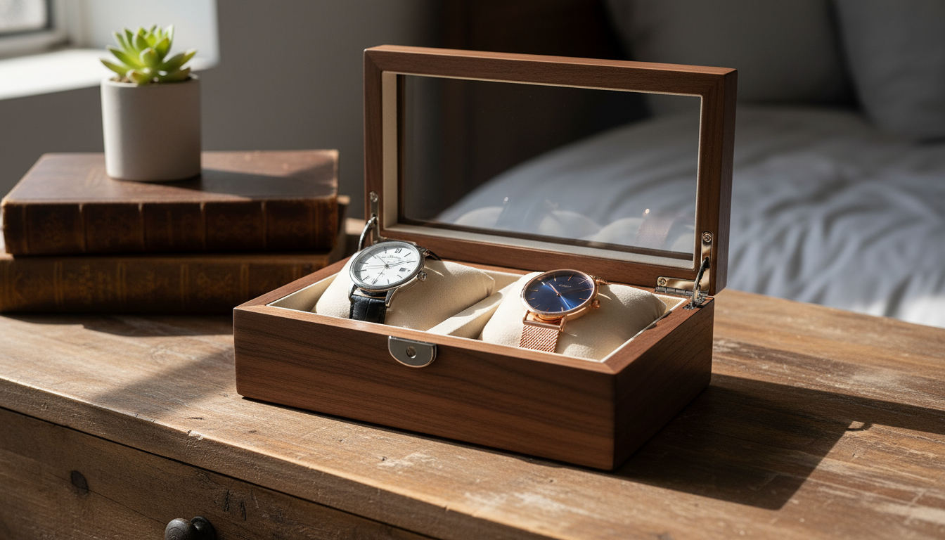 Boîte à montres en cuir noir, mise en valeur sur un bureau minimaliste et chic.
