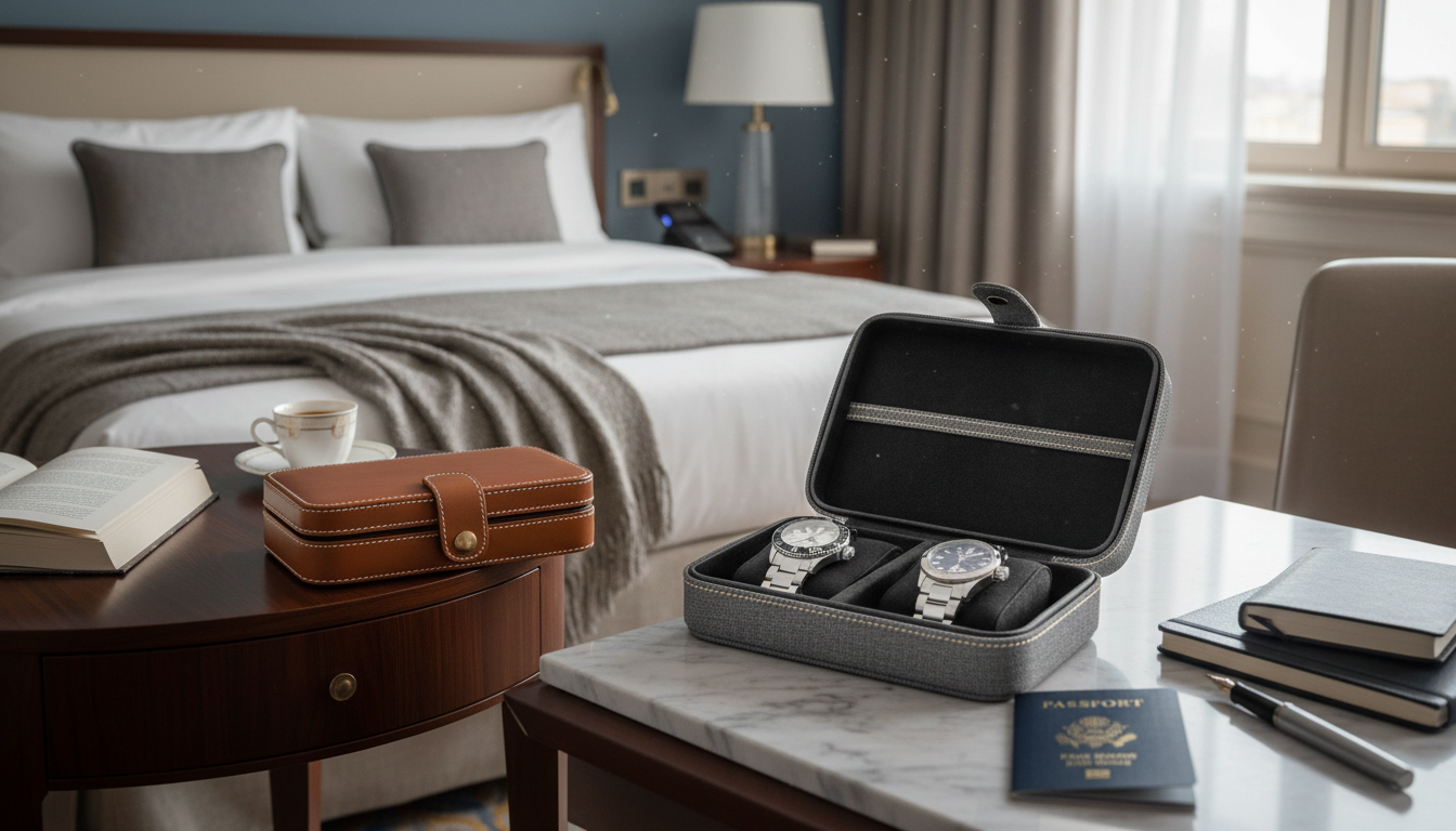 Deux montres élégantes accompagnent un voyageur, soigneusement protégées dans leur étui noir mat.