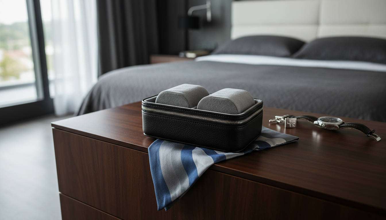 Étui à montres en cuir brun, posé sur une table en bois, entouré de livres raffinés.