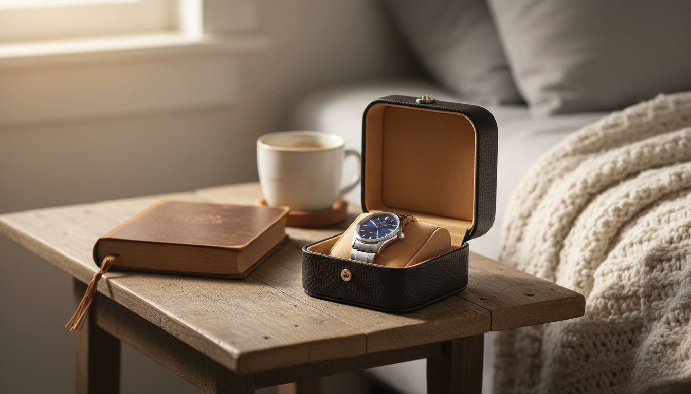 Montre en cuir noir élégamment protégée dans un étui compact, idéal pour les déplacements.