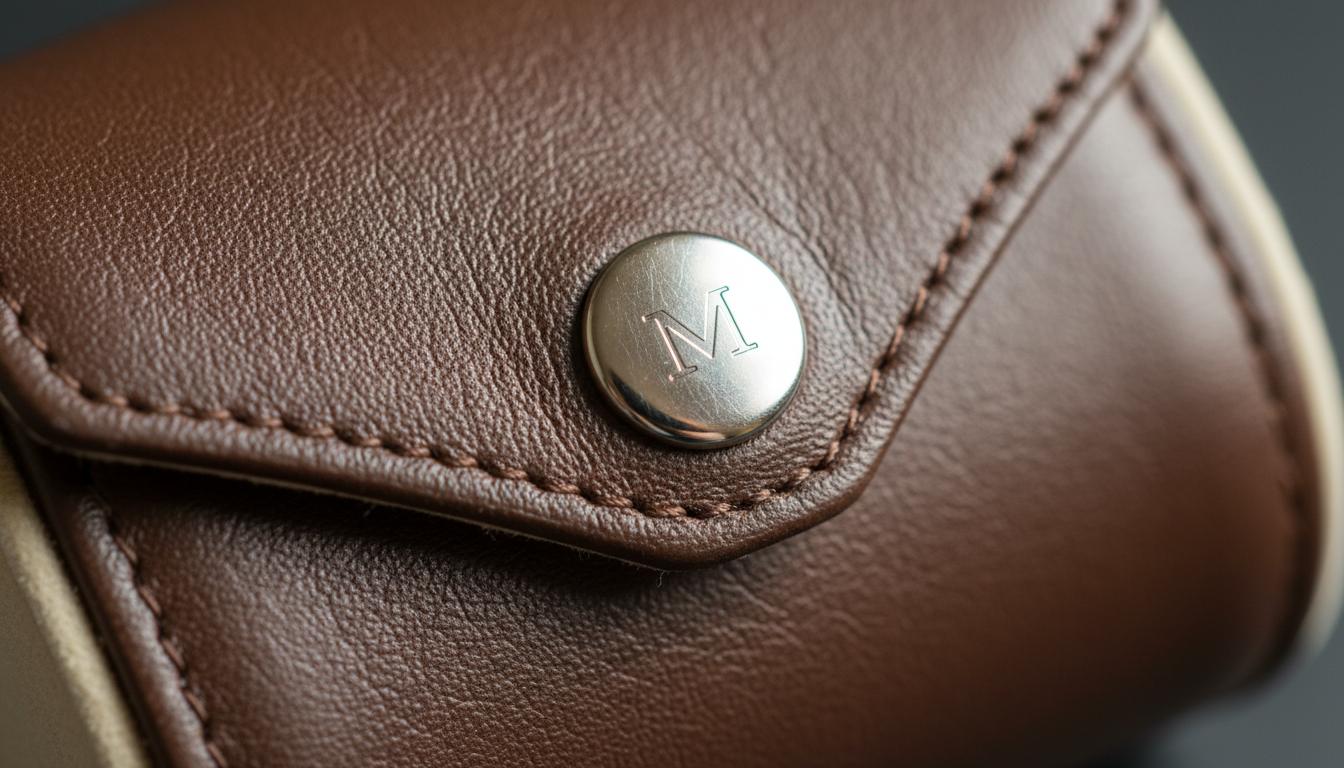 Gros plan sur le cuir texturé en noir, révélant des coutures précises et une fermeture magnétique.
