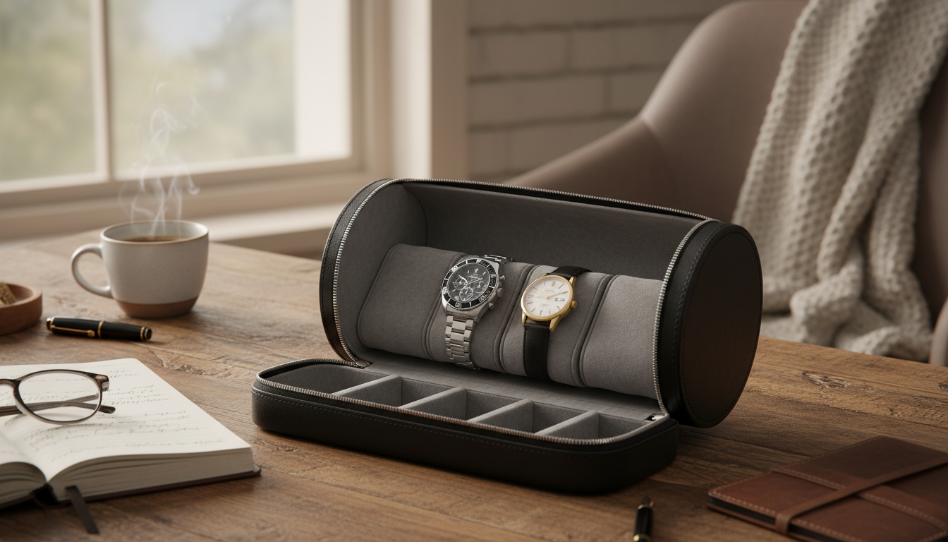 Un élégant étui en cuir noir, exposé sur une table en bois, prêt pour le voyage.