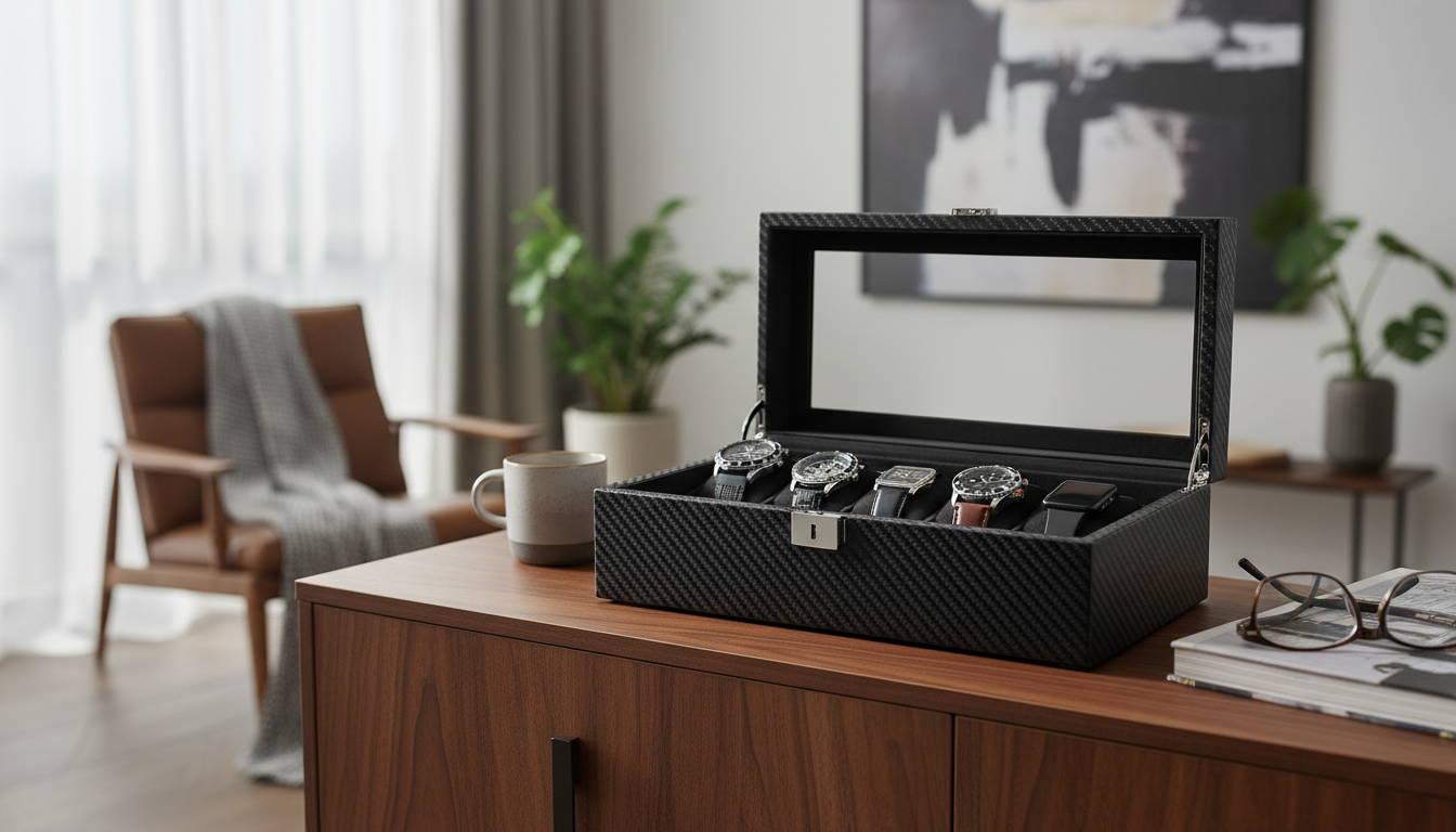Boîte à montres carbonée sur une table contemporaine, mettant en valeur son design épuré.