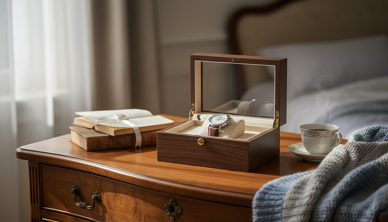 Élégante boîte en cuir noir, mise en scène sur un bureau en bois clair.