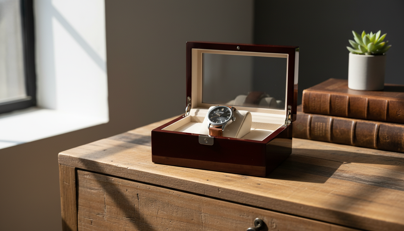 Écrin en acajou, sur une table en marbre, entouré de livres anciens et d'une plante verte.