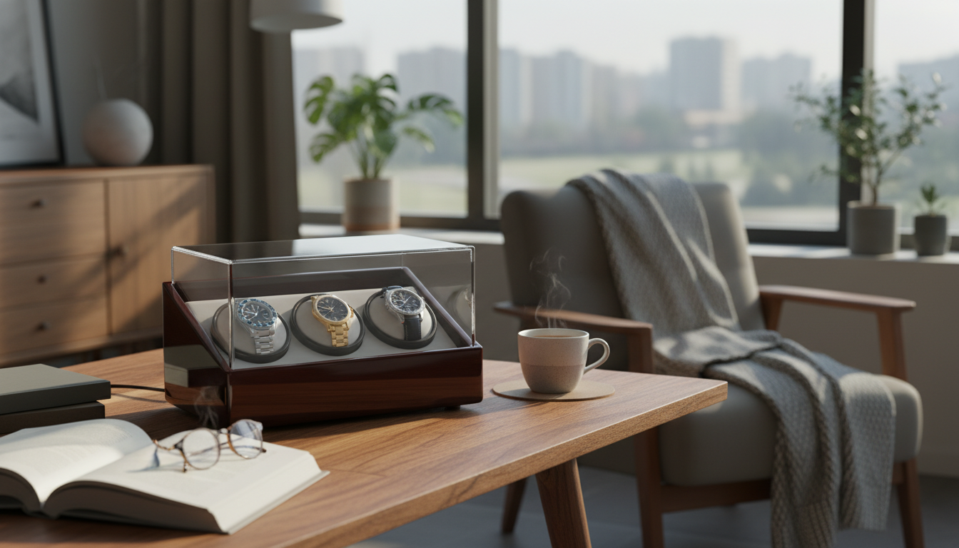 Élégant remontoir sur une table en bois, illuminé par la lumière du matin.