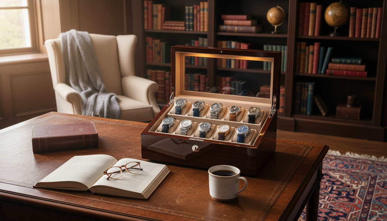 Remontoir élégant sur une table en bois, illuminé par la lumière douce d'une lampe.