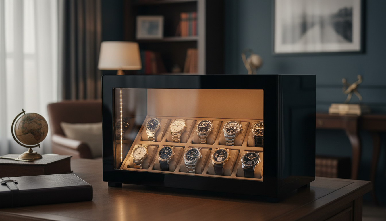 Remontoir placé sur un présentoir en marbre, entouré de livres de collection et de plantes vertes.