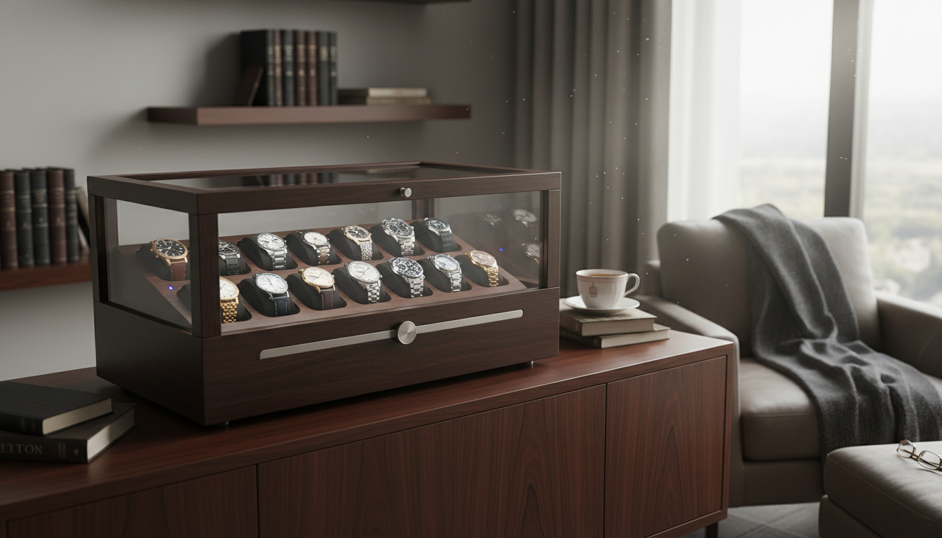 Élégant remontoir en bois sombre, parfaitement intégré sur un bureau moderne en verre.