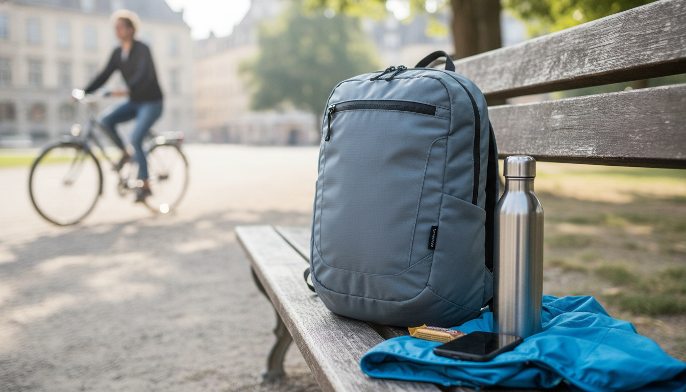 Sac compact noir posé sur bois clair près d’une gourde métallique
